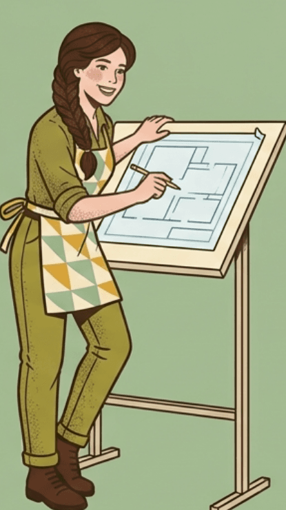 Illustration: a smiling woman with a brown fishtail braid, drawing plans at a drafting table